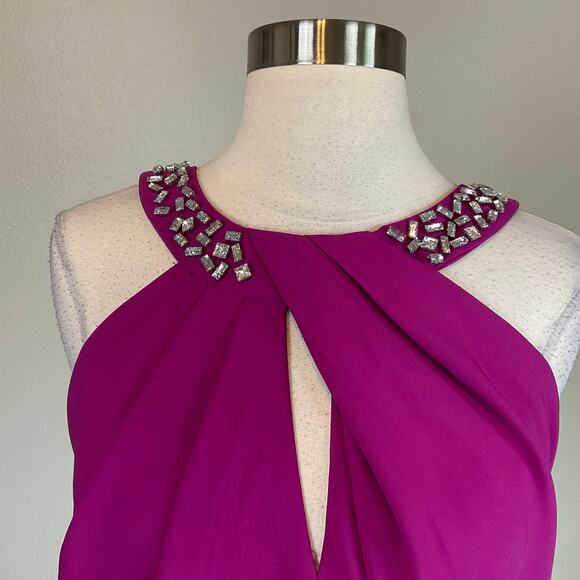 Fuchsia Pink Beaded Halter Evening Gown Size 6 SLNY Sleeveless Cut Out Dress - Picture 6 of 11